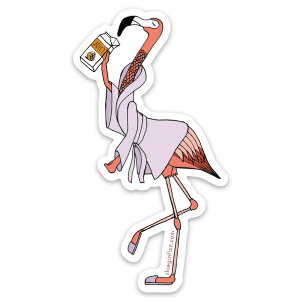 A vinyl sticker of a hand-drawn flamingo wearing a lavender bathrobe and lavender slippers, with its head tipped back to drink from an orange juice carton, on a white background.