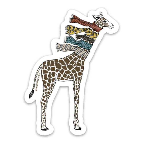 An illustrated vinyl sticker of a hand-drawn giraffe wearing five knit scarves on its neck, shown on a white background. 