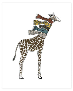 A print of a hand-drawn illustration of giraffe wearing five knit scarves on its neck. Shown in a white background.