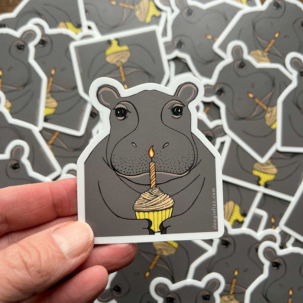 Hippo with a Cupcake Vinyl Sticker