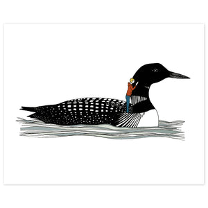 A print of a hand-drawn illustration of a black and white loon floating gently on the waves. A small woman with a yellow bob wearing jeans and a burnt orange hoodie stands on the loon's back with one hand resting on its neck. Shown on a white background. 
