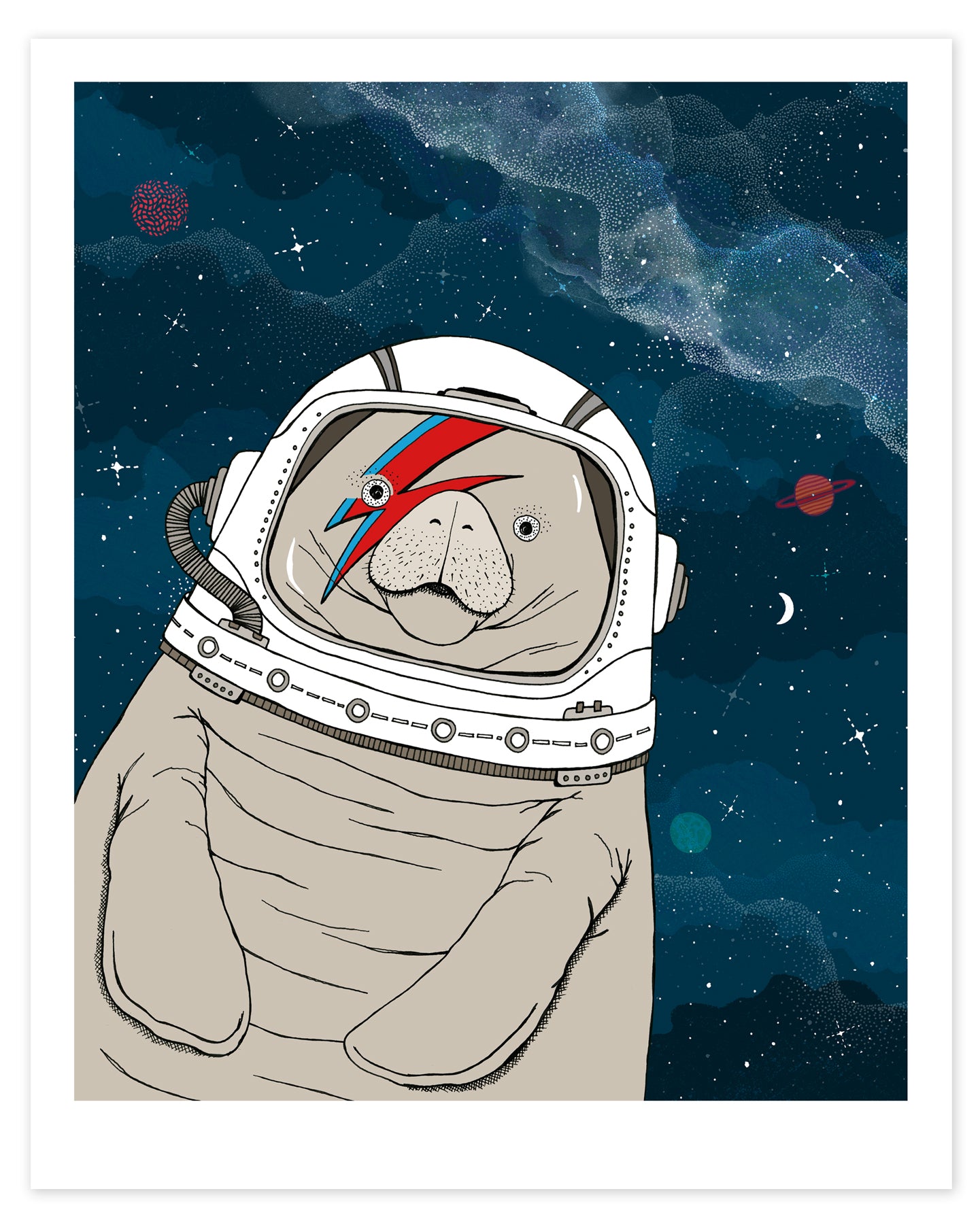 A hand-drawn illustration of a manatee floating in space, wearing an astronaut's helmet with a red and blue lightning bolt over one eye like the iconic image of David Bowie on his Aladdin Sane album cover. 