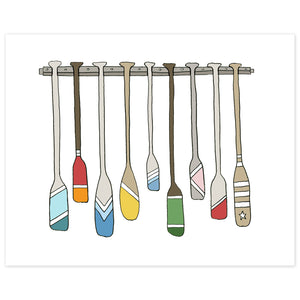 A print of a hand-drawn illustration of a rack full of colorful oars and paddles each decorated with different color and stripes. Shown on a white background. 