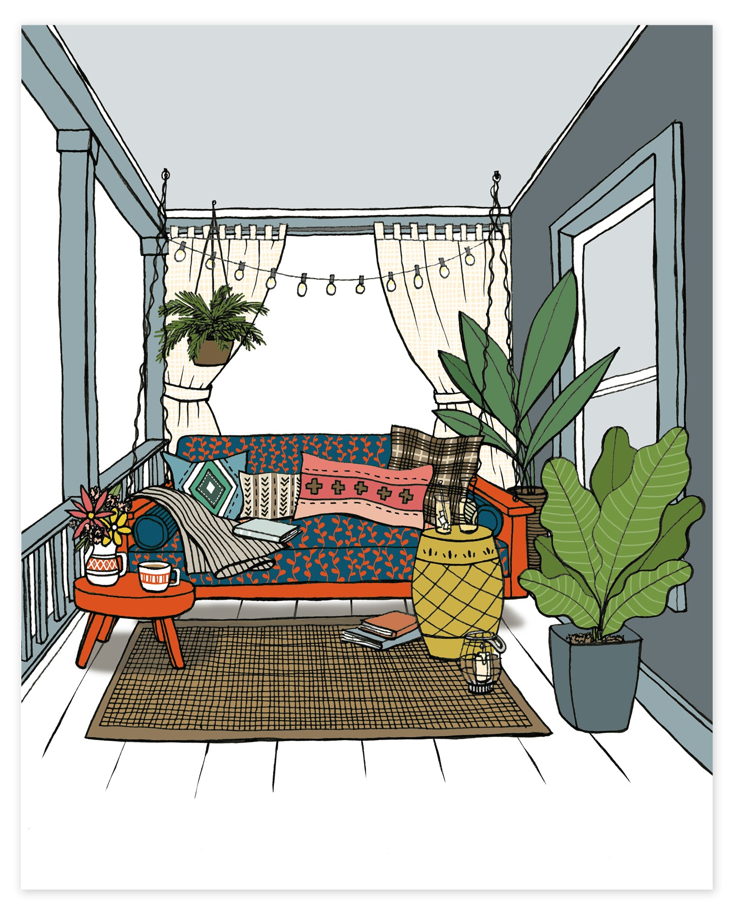 A hand-drawn illustration of a red porch swing filled with patterned pillows, a blanket and book and surrounded by plants. 