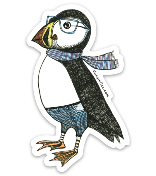 A sticker with a hand-drawn ink illustration of a dapper puffin in glasses, jeans and a scarf on a white background.