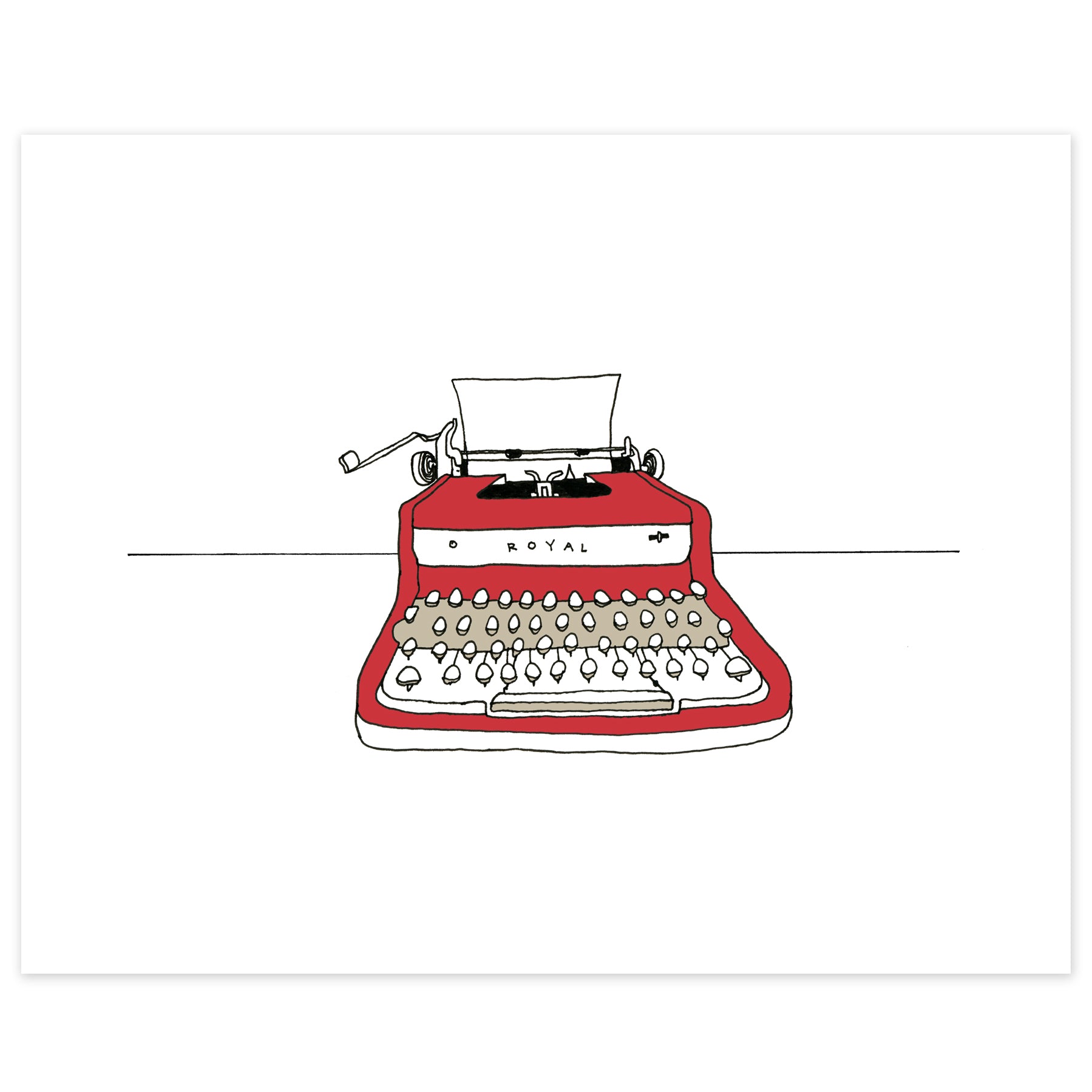 A print of a hand-drawn ink illustration of red Royal vintage typewriter with a piece of blank paper loaded in it. Shown on a white background. 
