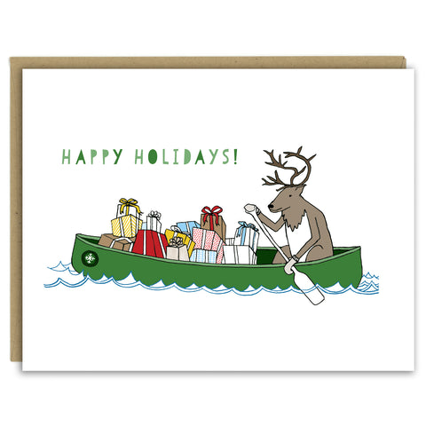 Reindeer in a Canoe of Gifts Holiday Card — Boxed Set of Ten