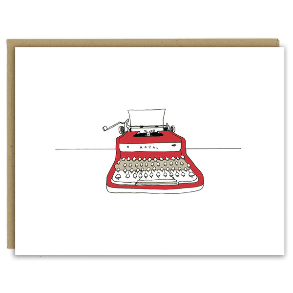 A greeting card showing a hand-drawn illustration of red Royal vintage typewriter with a piece of blank paper loaded in it. Shown with a Kraft paper envelope on a white background. 