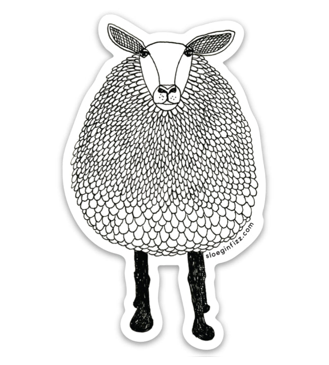 A die-cut sticker of a hand-drawn black and white ink illustration of a sheep. Shown on a white background.