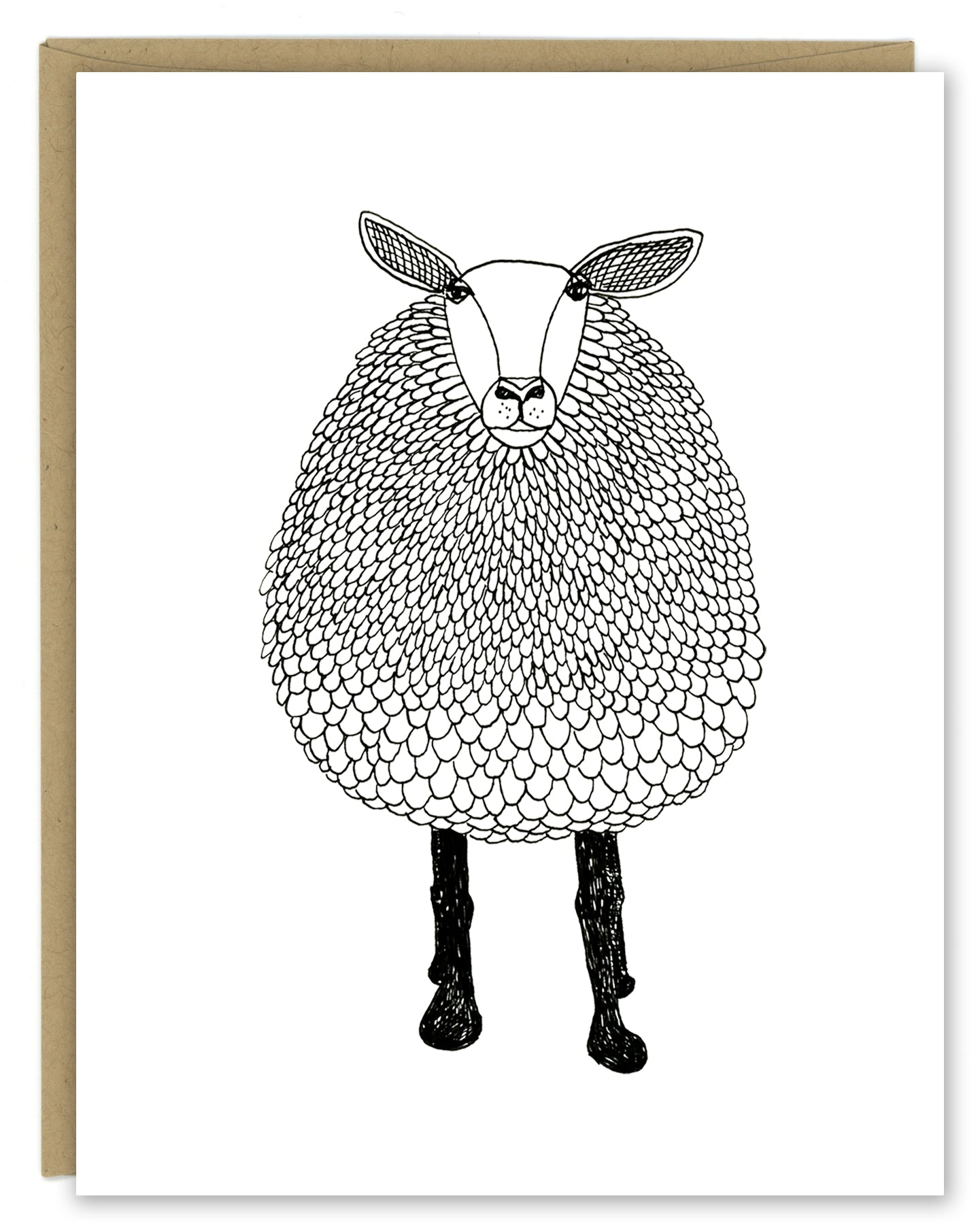 A greeting card with a hand-drawn black and white ink illustration of a sheep. Shown with a Kraft paper envelope on a white background. 