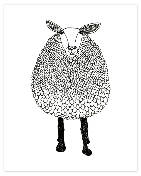A print of a hand-drawn black and white ink illustration of a sheep. Shown on a white background. 