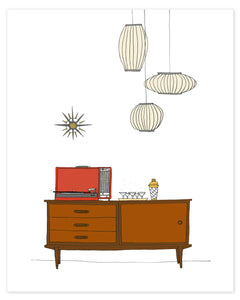 Mid-century Modern Scene with Record Player Print