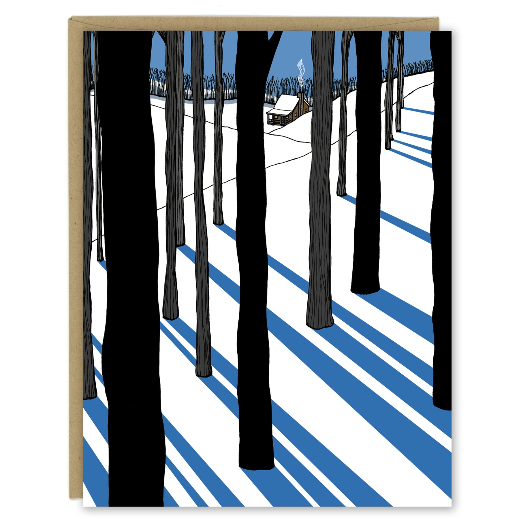 Snowy Cabin with Long Cool Shadows Holiday Card — Boxed Set of Ten