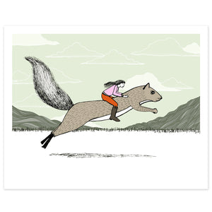 Girl Riding a Squirrel Print