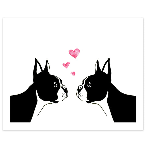 A print of a hand-drawn illustration of two Boston terriers facing each other with three little hearts rising above their heads. Shown on a white background. 