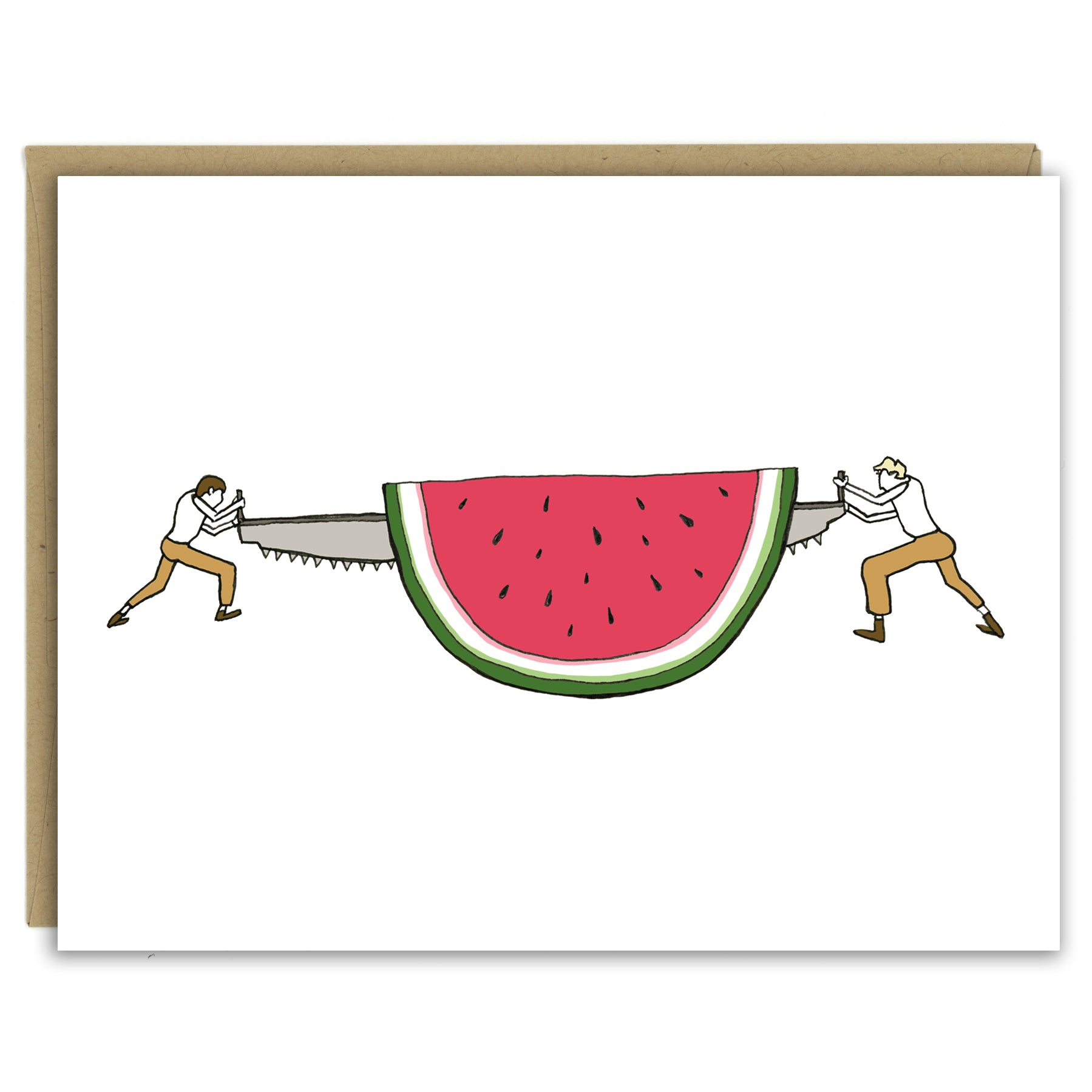 A pair of loggers saws off a slice of a giant watermelon in a hand-drawn illustration on a greeting card. Seen with a Kraft paper envelope on a white background.